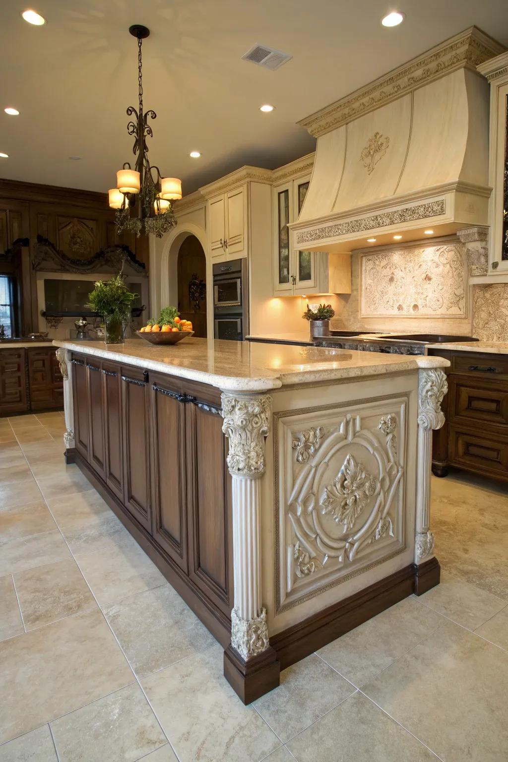 Unique island with artistic carving in the trim for a personal detail.