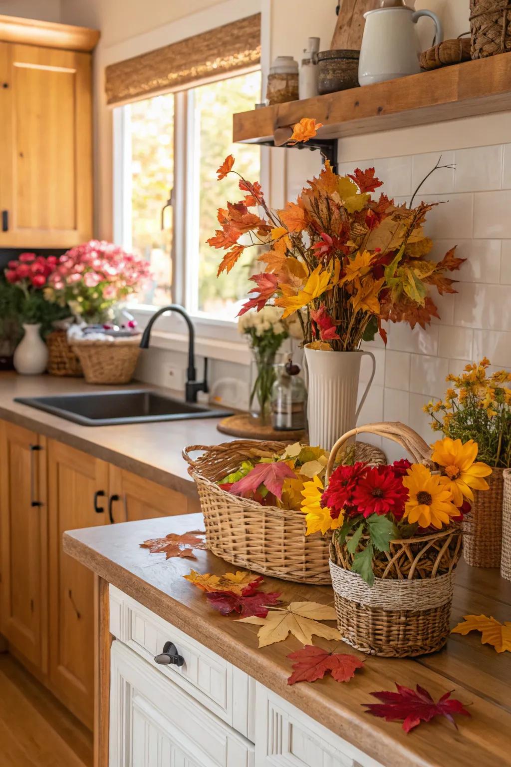 Seasonal decor keeps the kitchen feeling fresh and lively throughout the year.