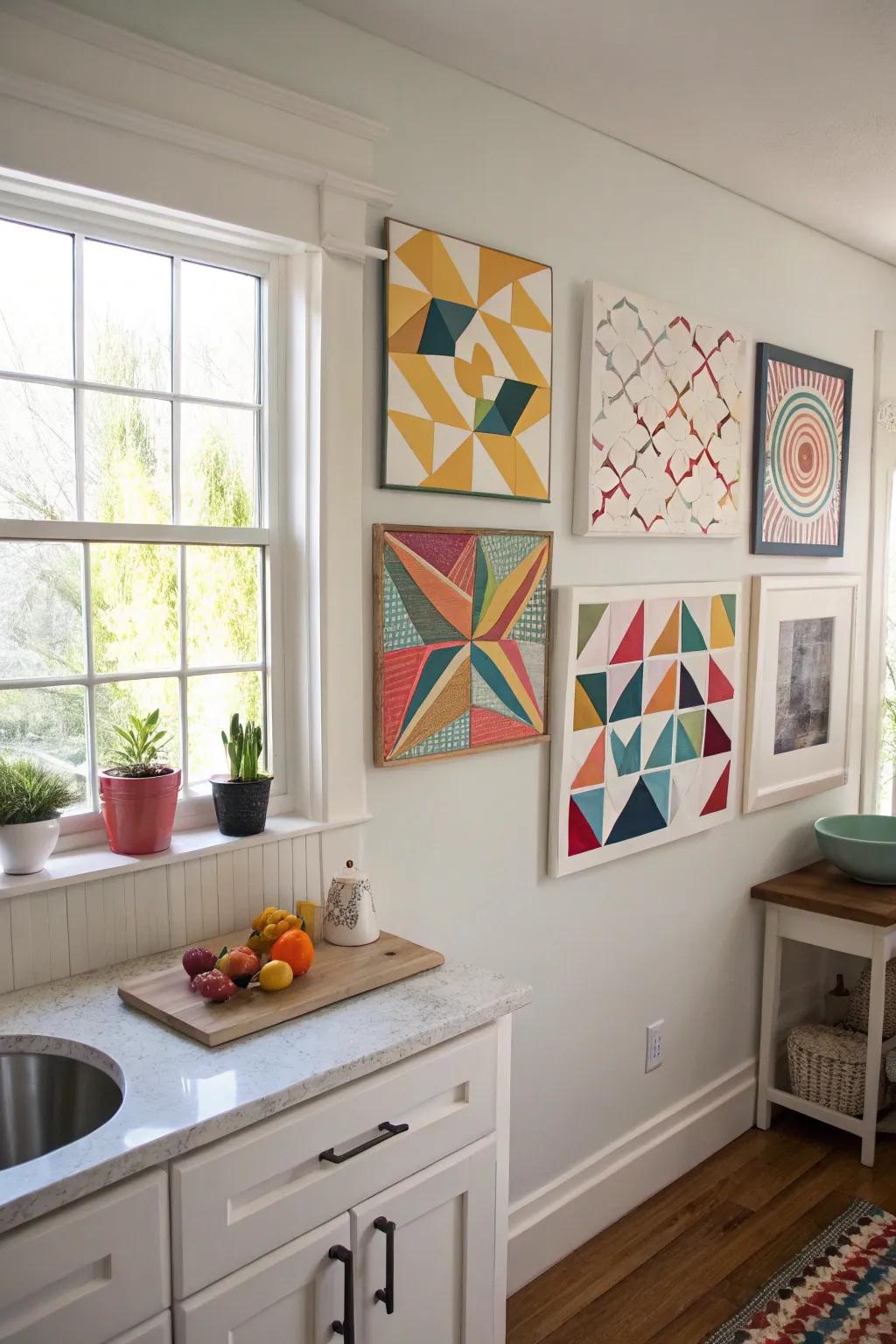 A kitchen wall features modern geometric art for a sophisticated look.