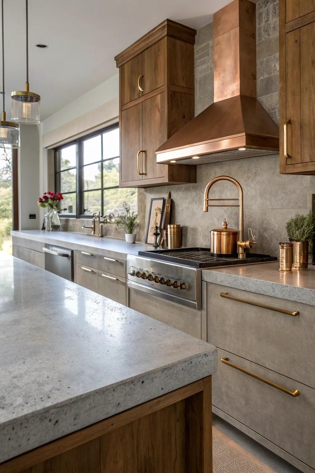 A luxurious cooking space with engineered stone worktops and metal accents.
