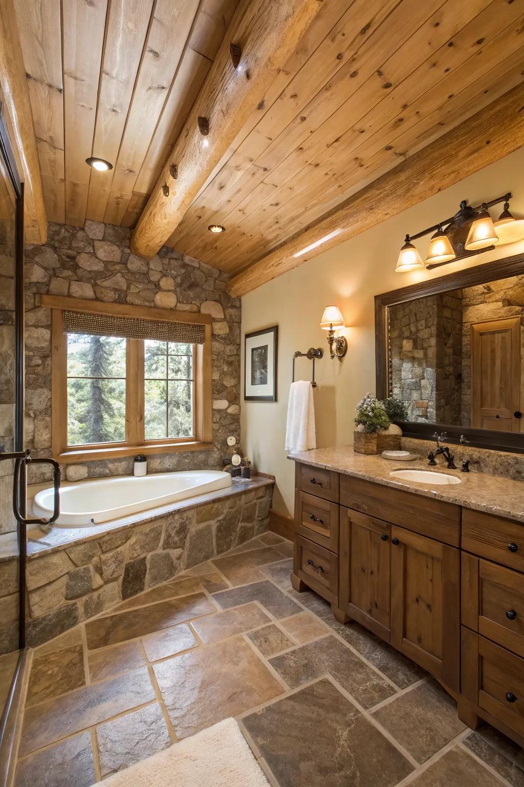 A rustic shower room where pine planked ceilings enhance the spa-like atmosphere.