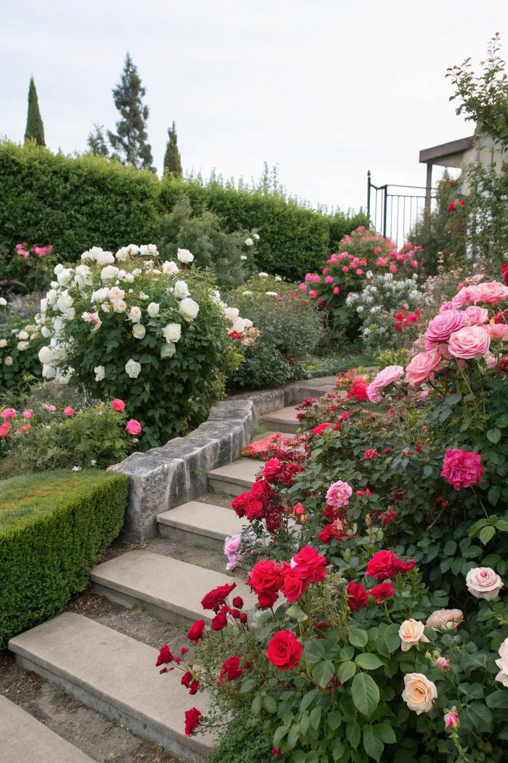 A corner filled with rose bushes offers fragrance and beauty.
