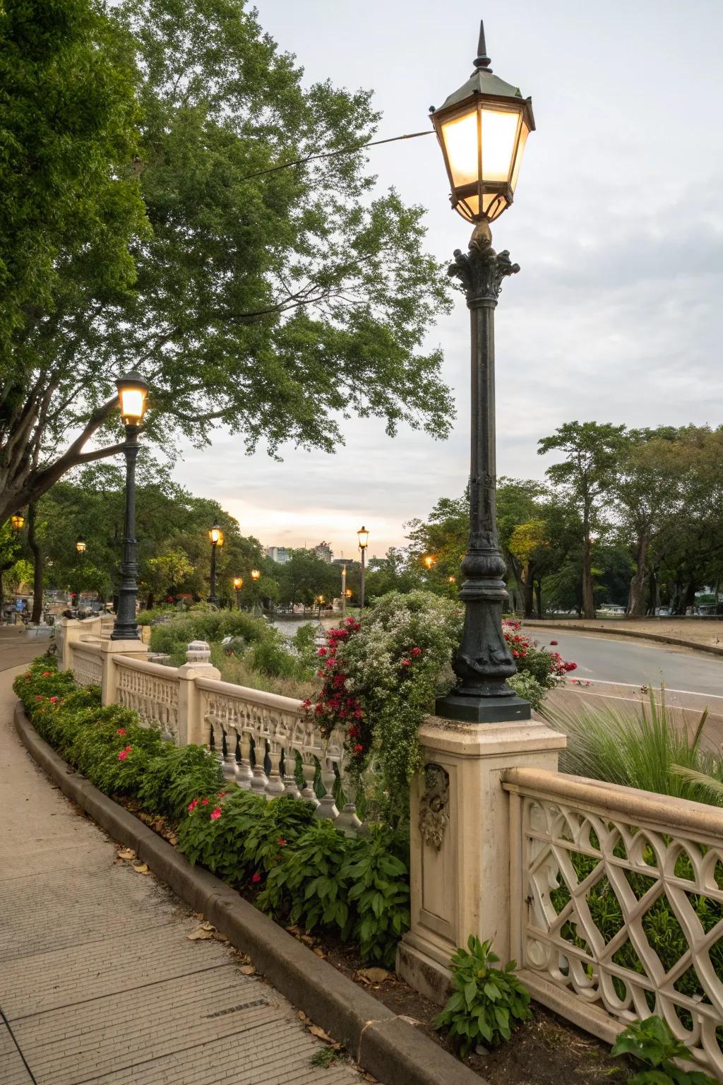 Decorative fencing enhancing allure to a standing light landscape.