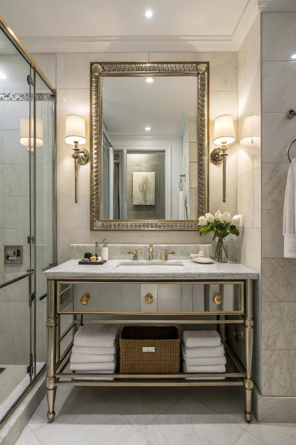 Metallic features channel sleek, contemporary flair into bathroom mirrors.