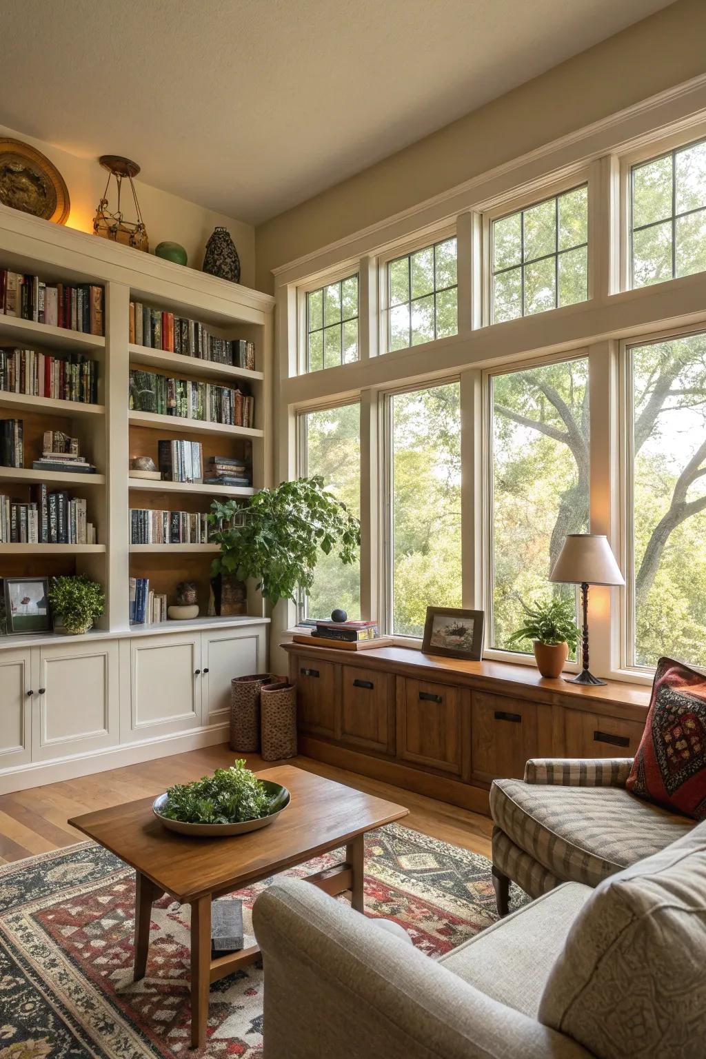 Bespoke shelving that infuses both functionality and panache into the window perimeter.