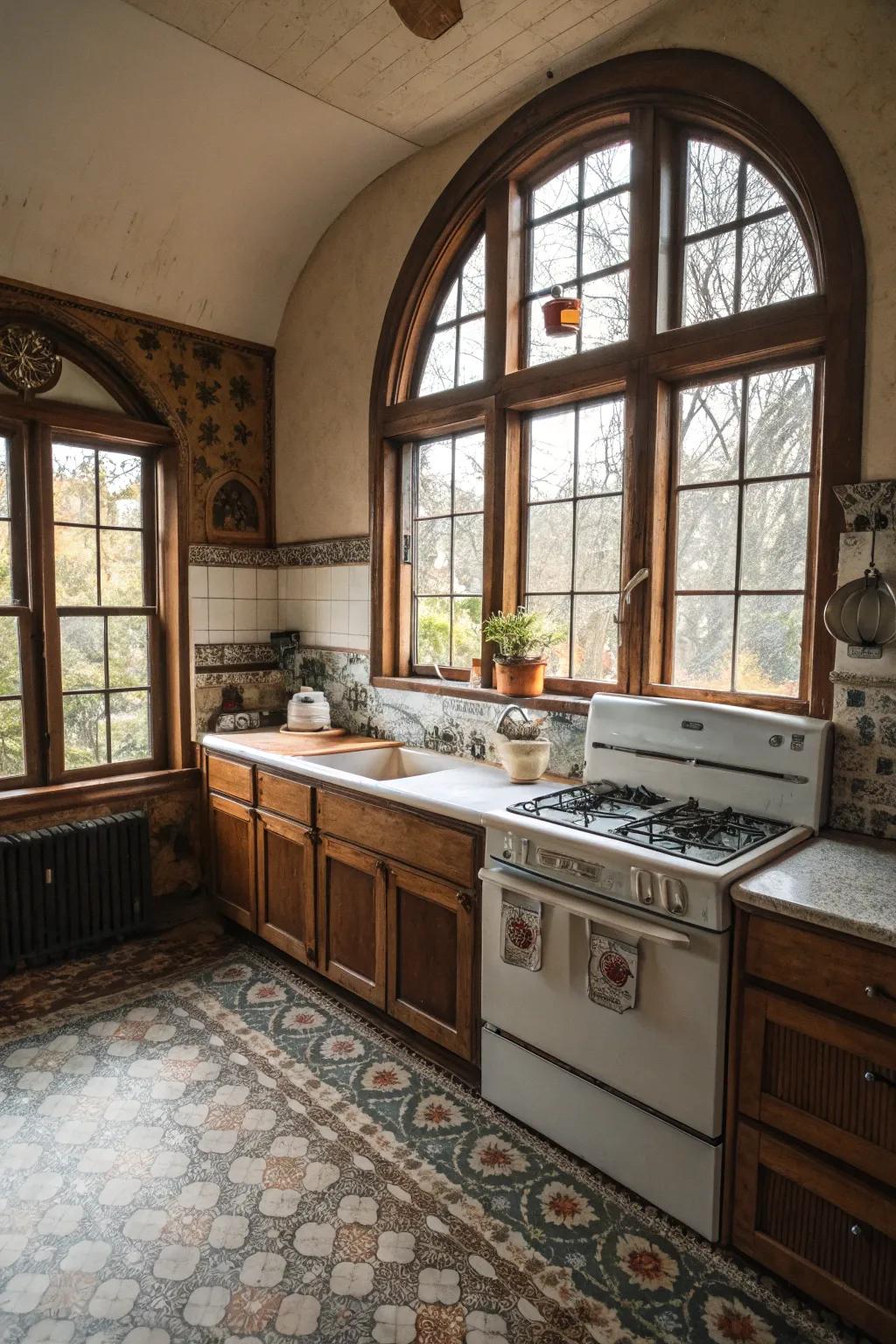 Vintage vibes with arched windows.