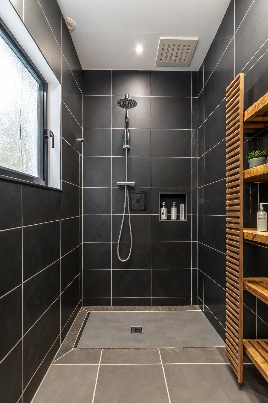 Bold black tiles establish a dramatic and sophisticated shower space.