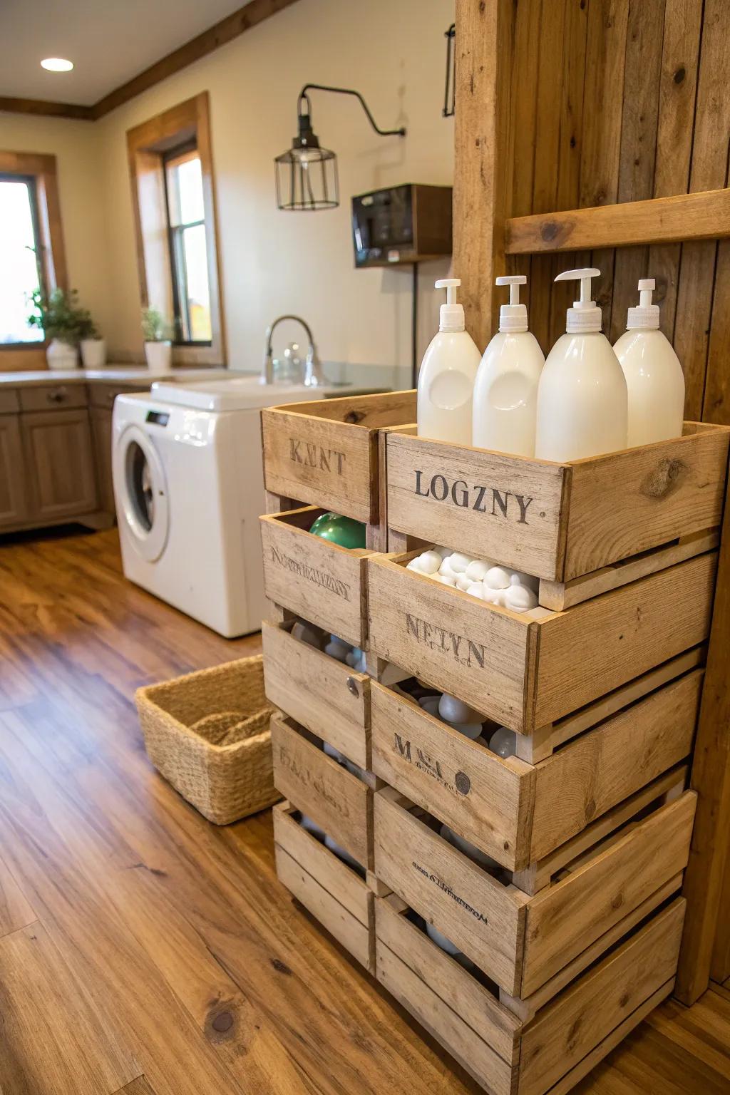 Timber boxes lend a country charm to your washing stowage.