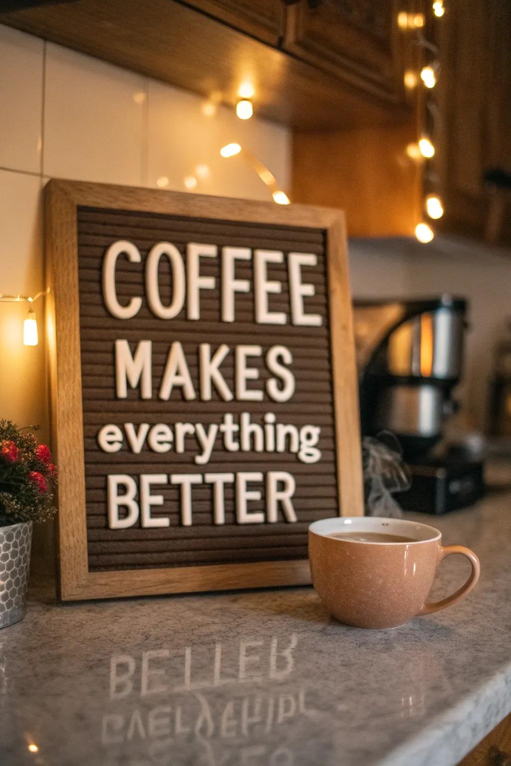 Sharing a love for coffee with morning quotes on a letter board.