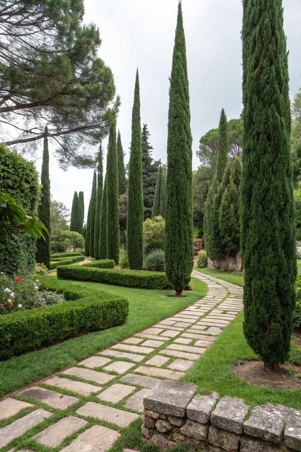 Achieve balance in your garden through Evergreen Sentinel trees and hardscape components.