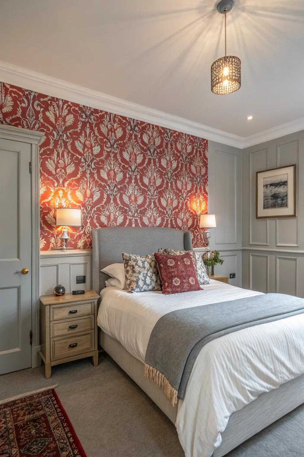 Bold patterns impart a whimsical feel to a grey bedroom.