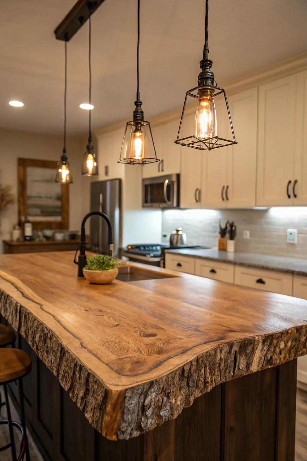 Pendant lights make the countertop stand out.