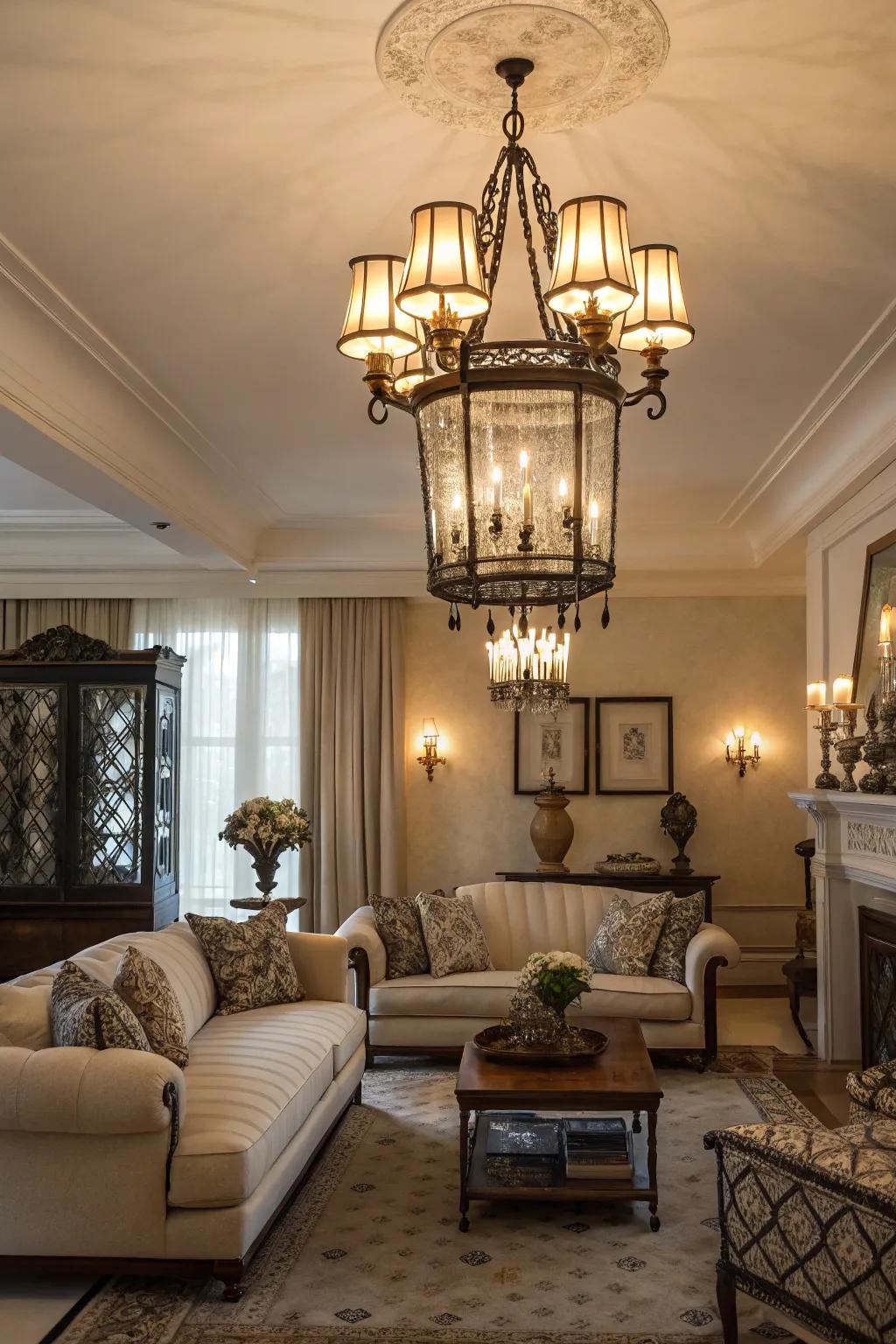 A living room with a chandelier featuring vintage-inspired torches.