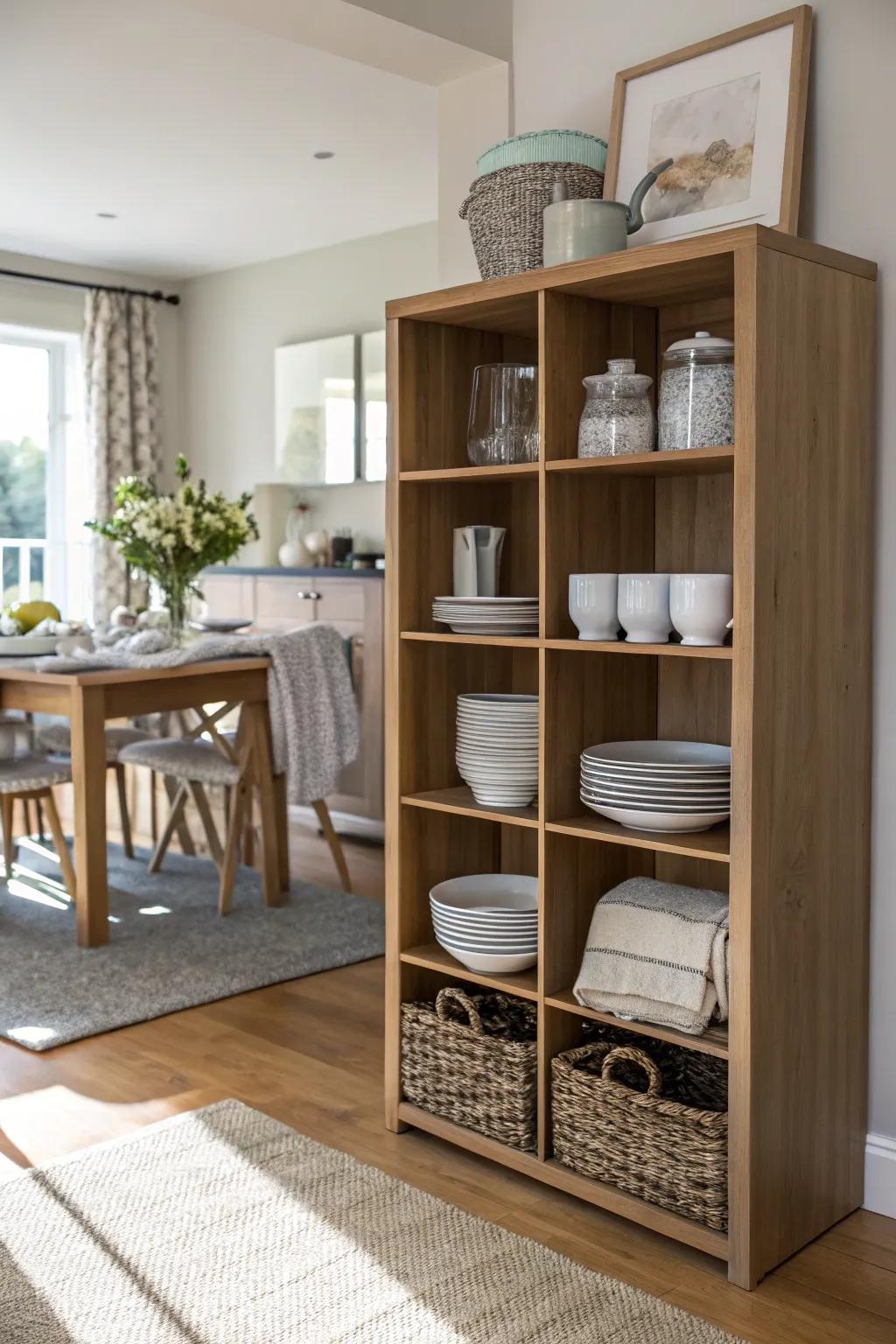 A dining room extension using cube storage for integrated functionality.