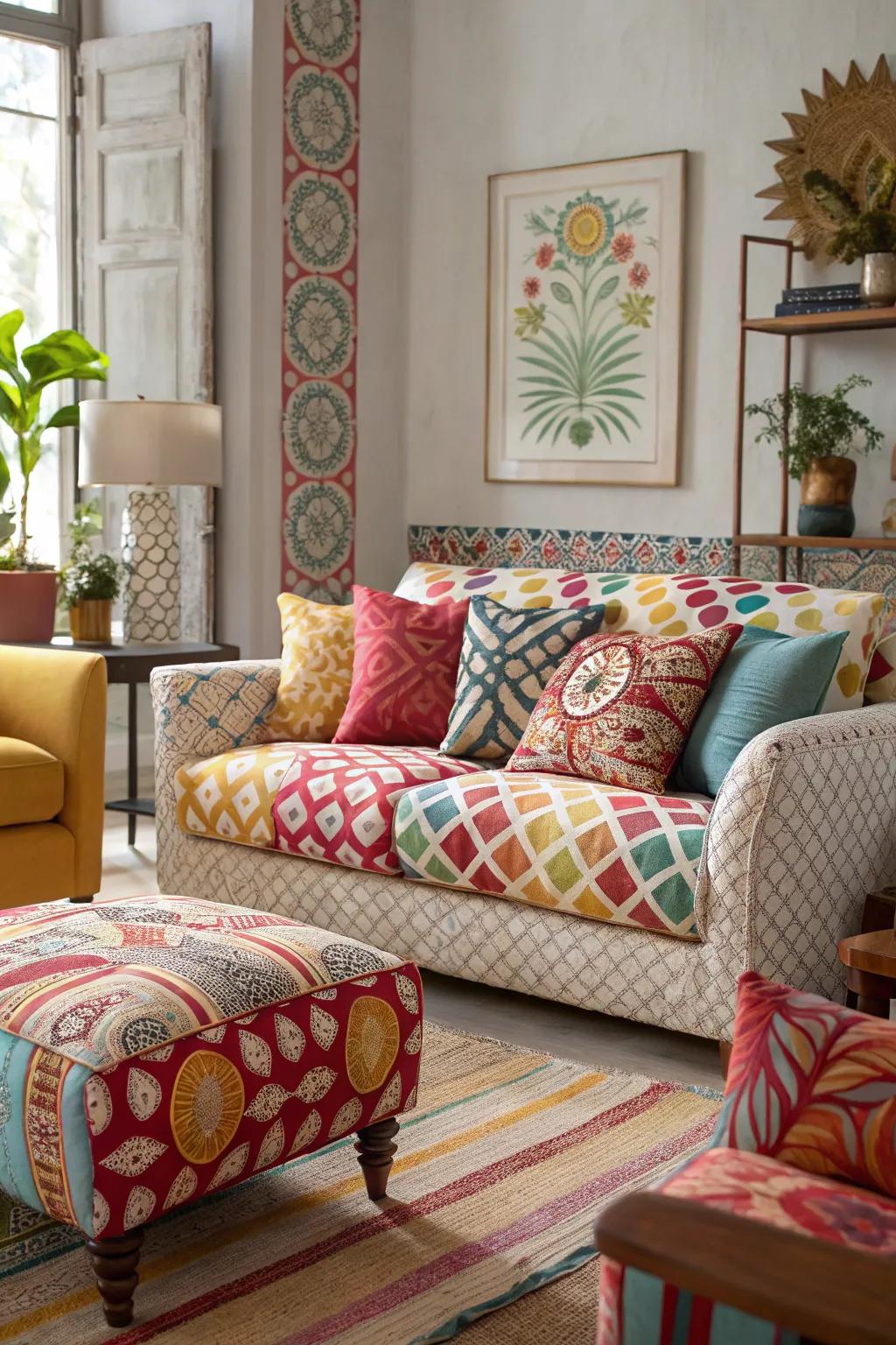 Varied patterns add visual interest to the living space.