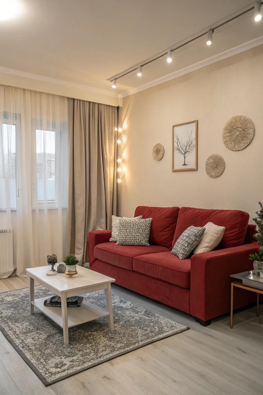 Fostering an elegant and harmonious space, neutral tones harmonize the boldness of a red sofa.