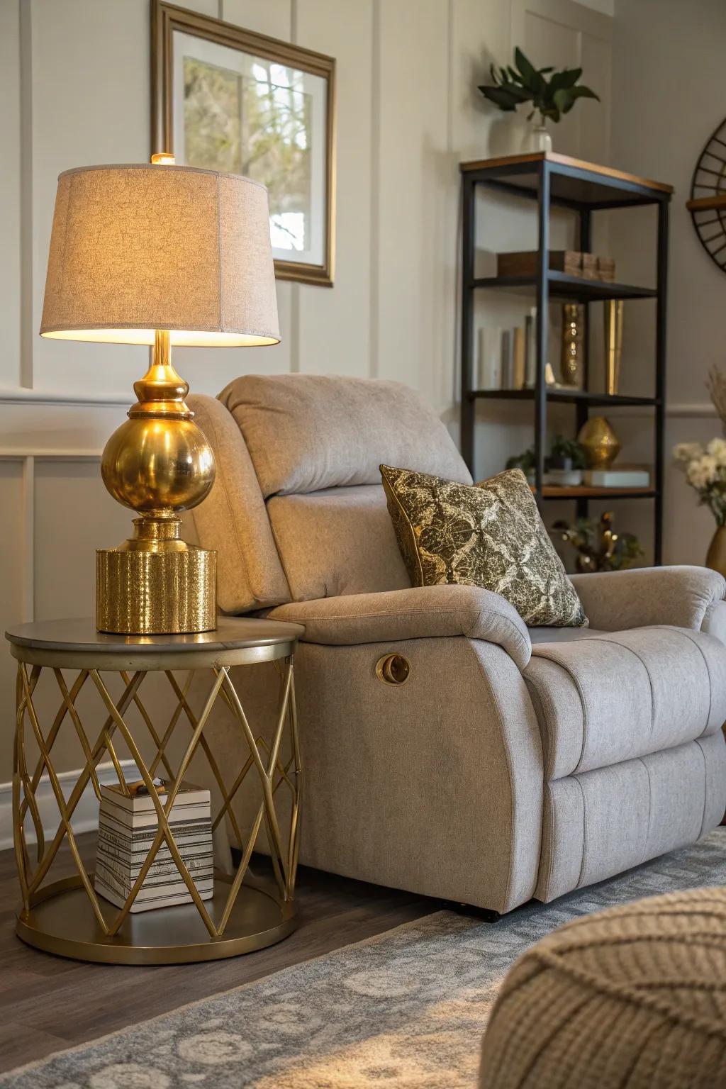 A glamorous touch with metallic accents around the recliner.