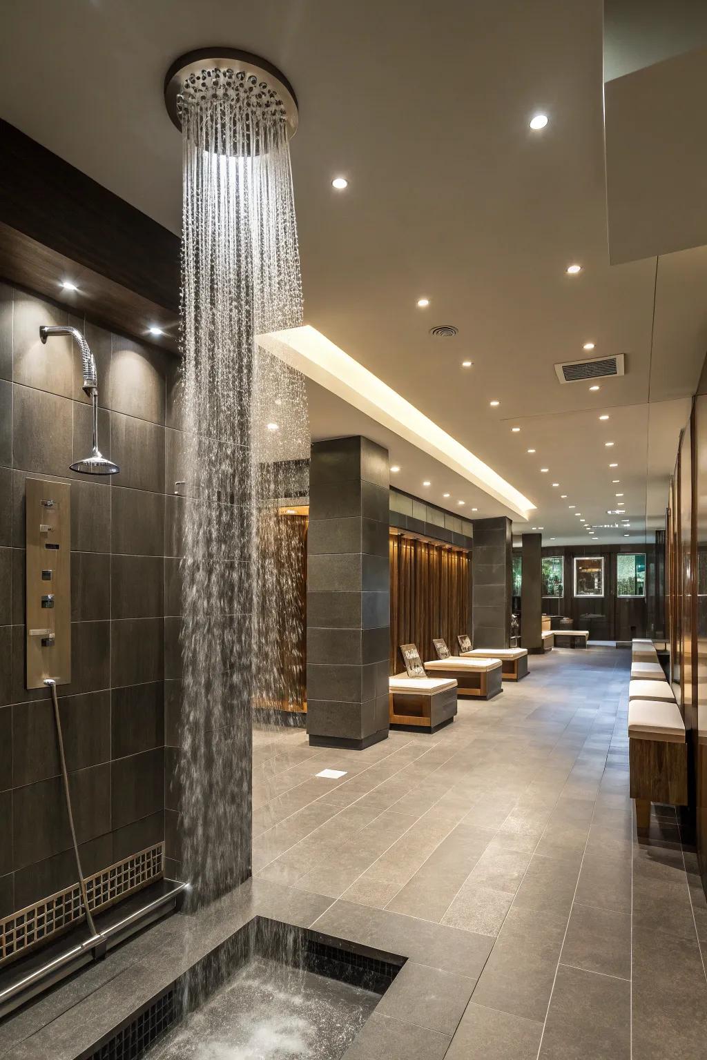 Waterfall shower heads offer a spa-like experience.