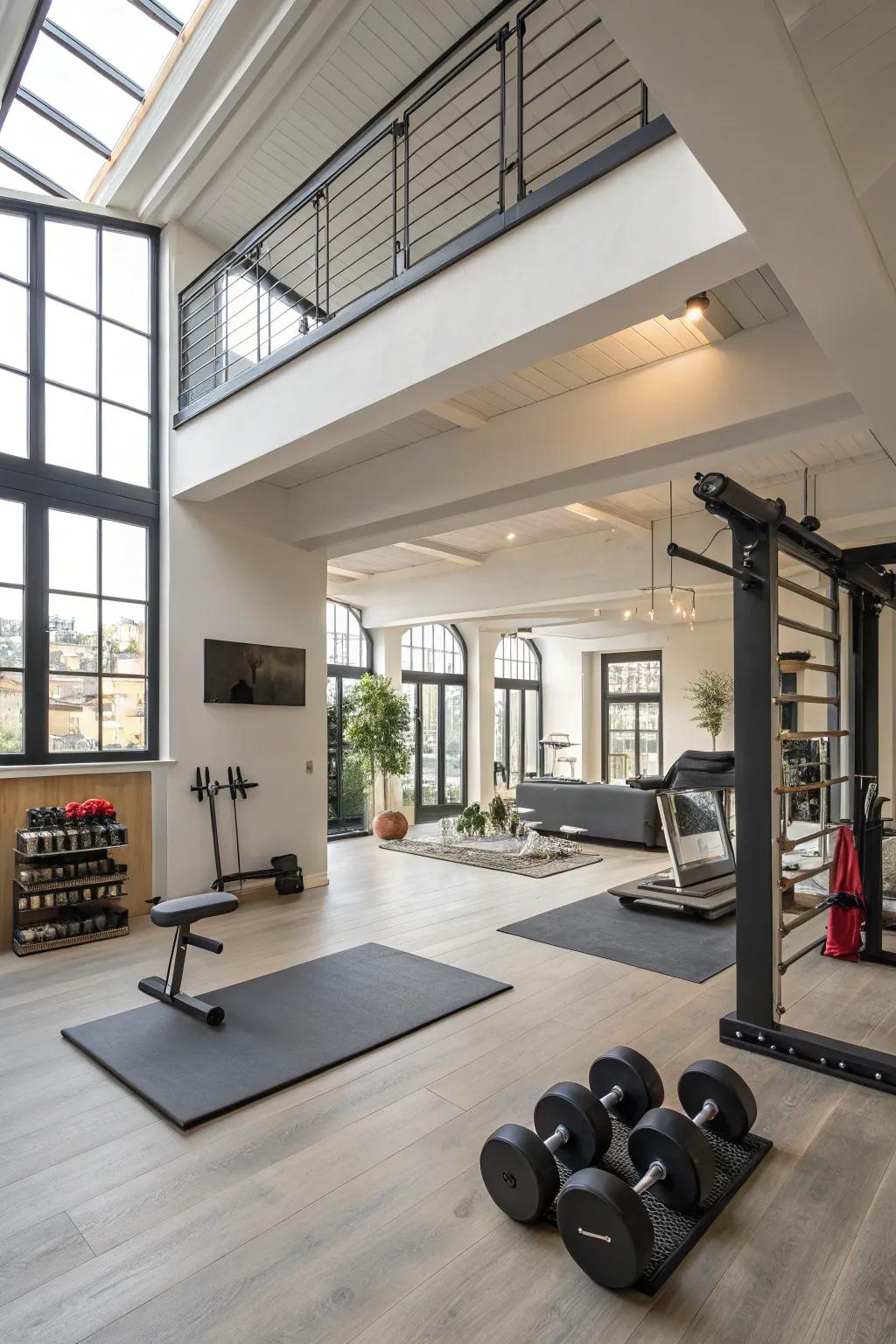 Home gym setup in a stylish loft.