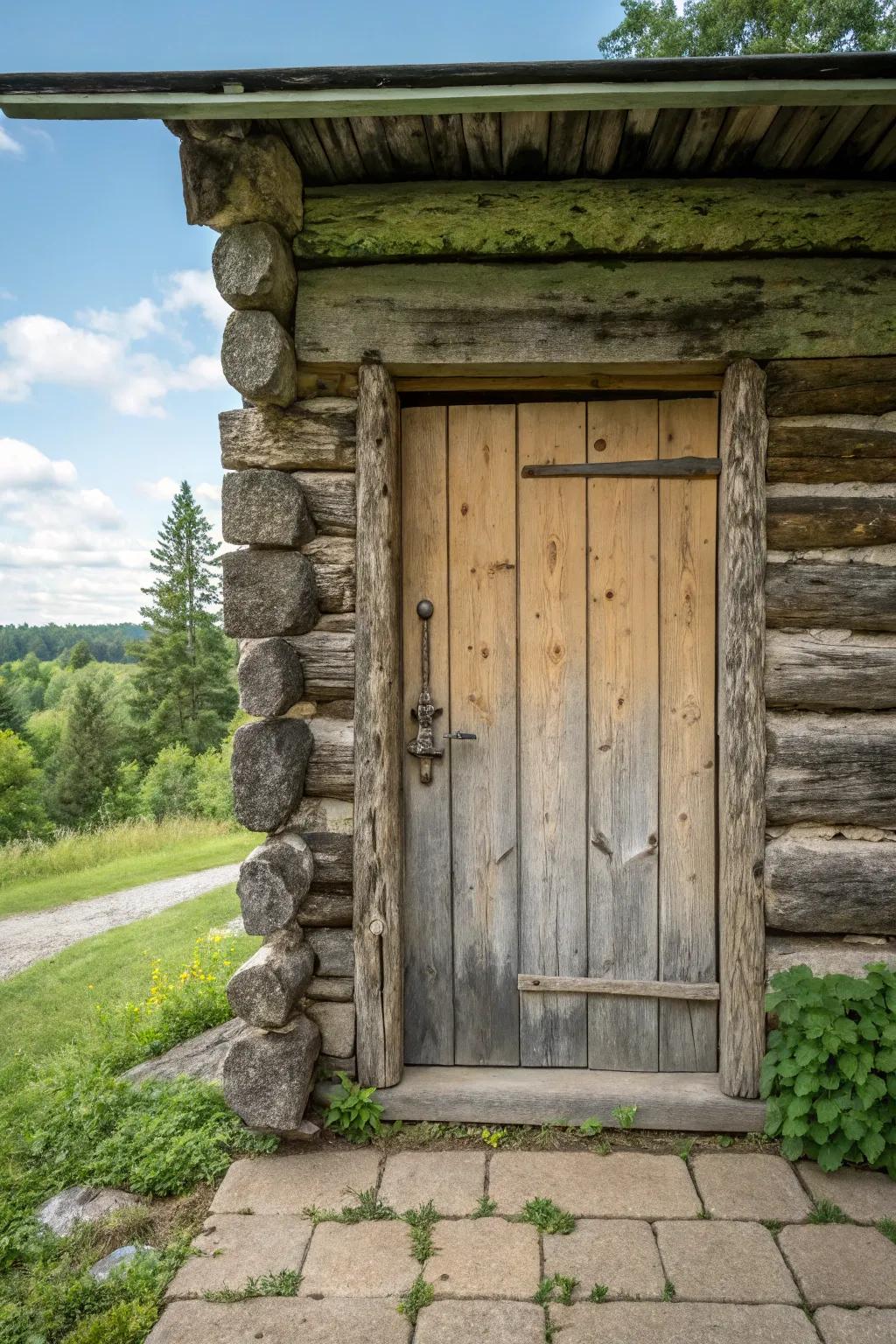 A weathered cabin door with elegant, countryside appeal.