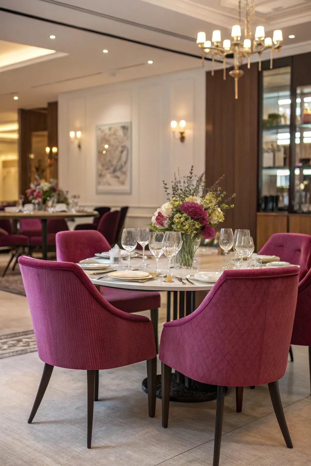 Magenta dining chairs add drama and style to this elegant dining room.