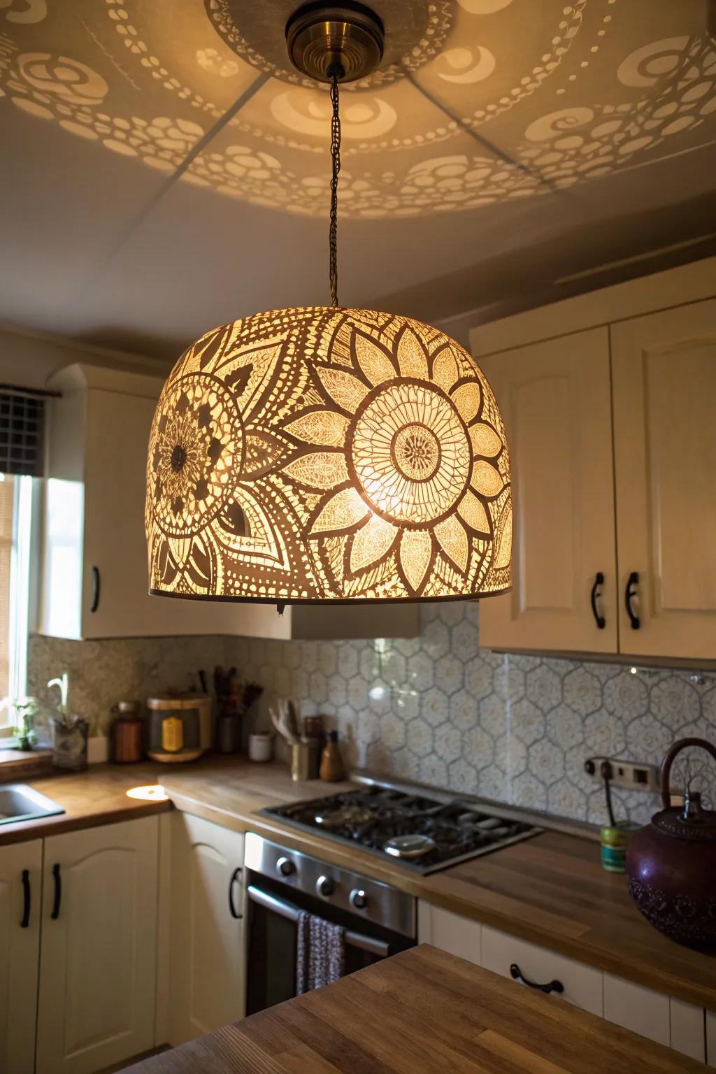 A hanging light with sacred geometry patterns showing ornamental shadows in a kitchen.