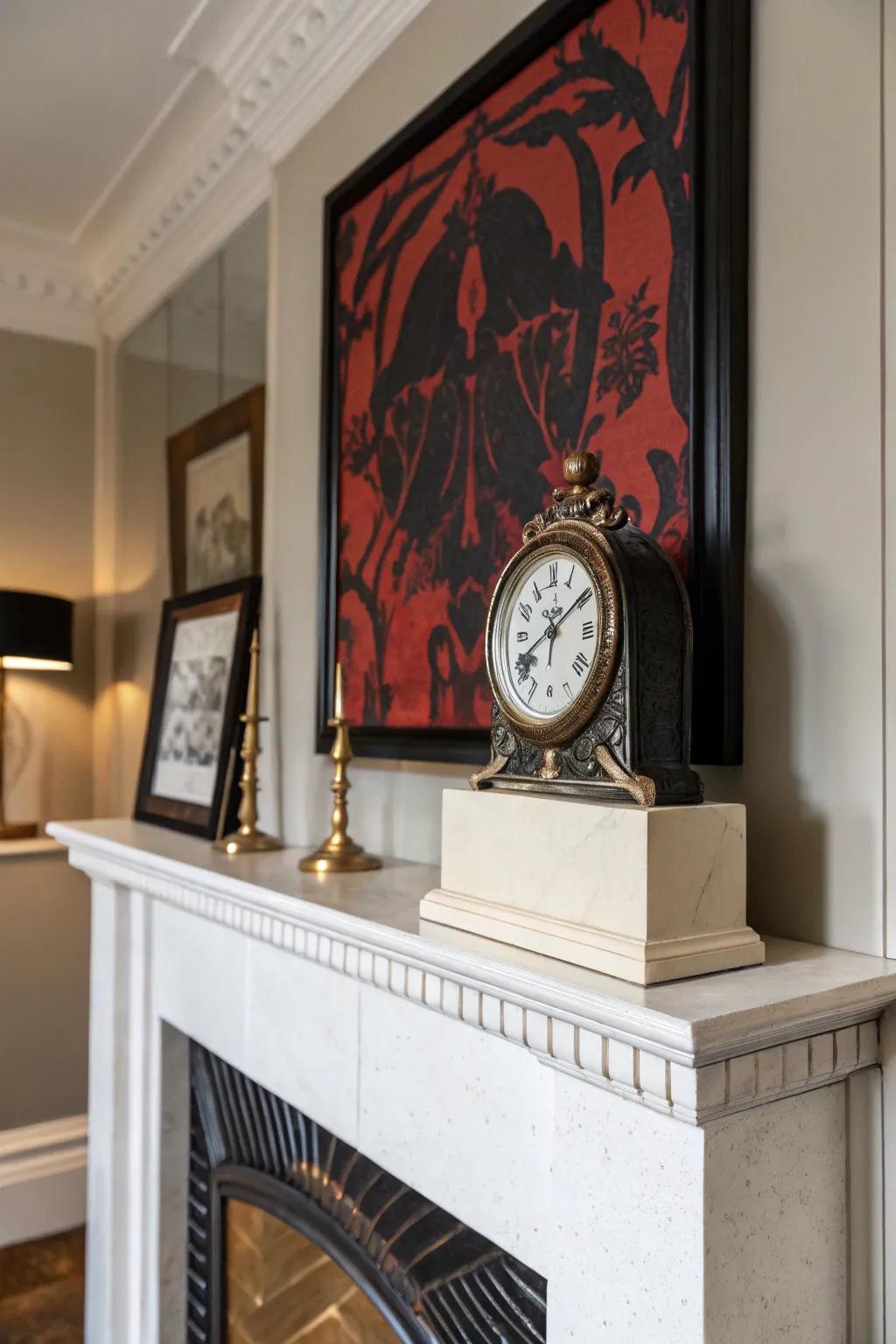 A striking mantel featuring a clock and bold artwork.