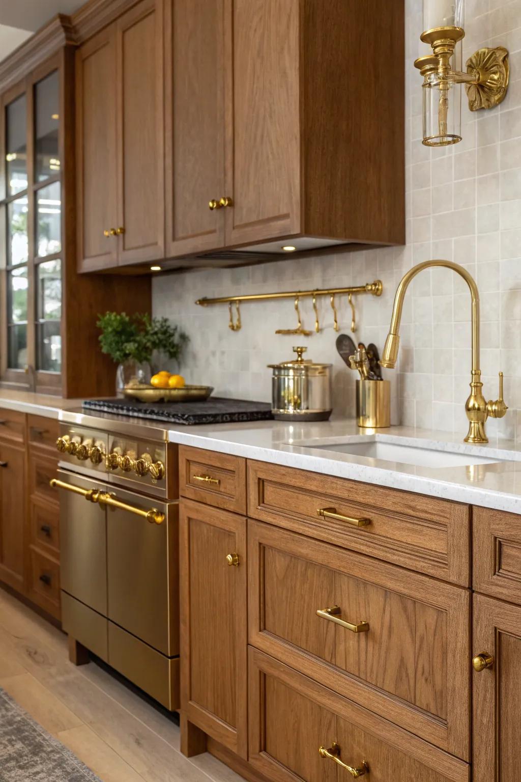 An elegant cooking space showcasing maple cabinets with glamorous metallic accents.