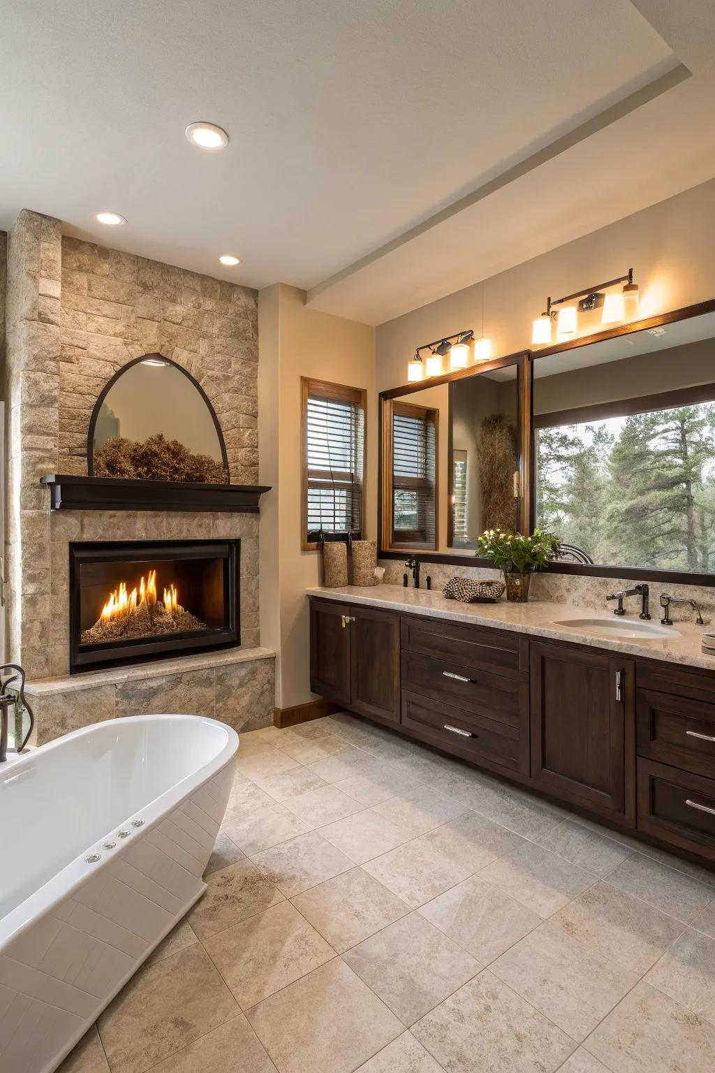 The fireplace adds a warm and inviting touch to this luxurious master bathroom.