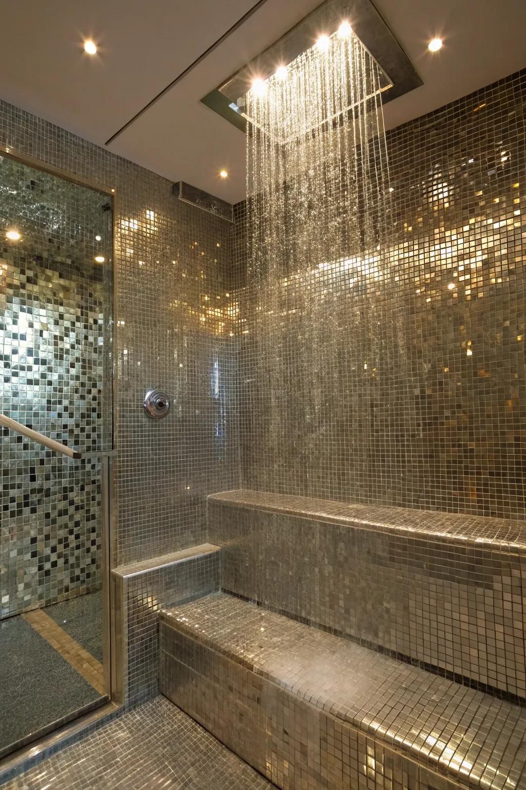 A shower presenting reflective steel pavers, encouraging a shimmering, deluxe visage.