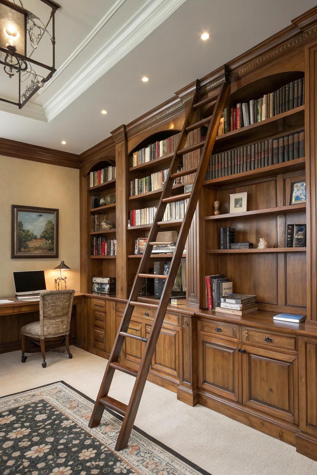 A library ladder adds both function and charm to this home office.