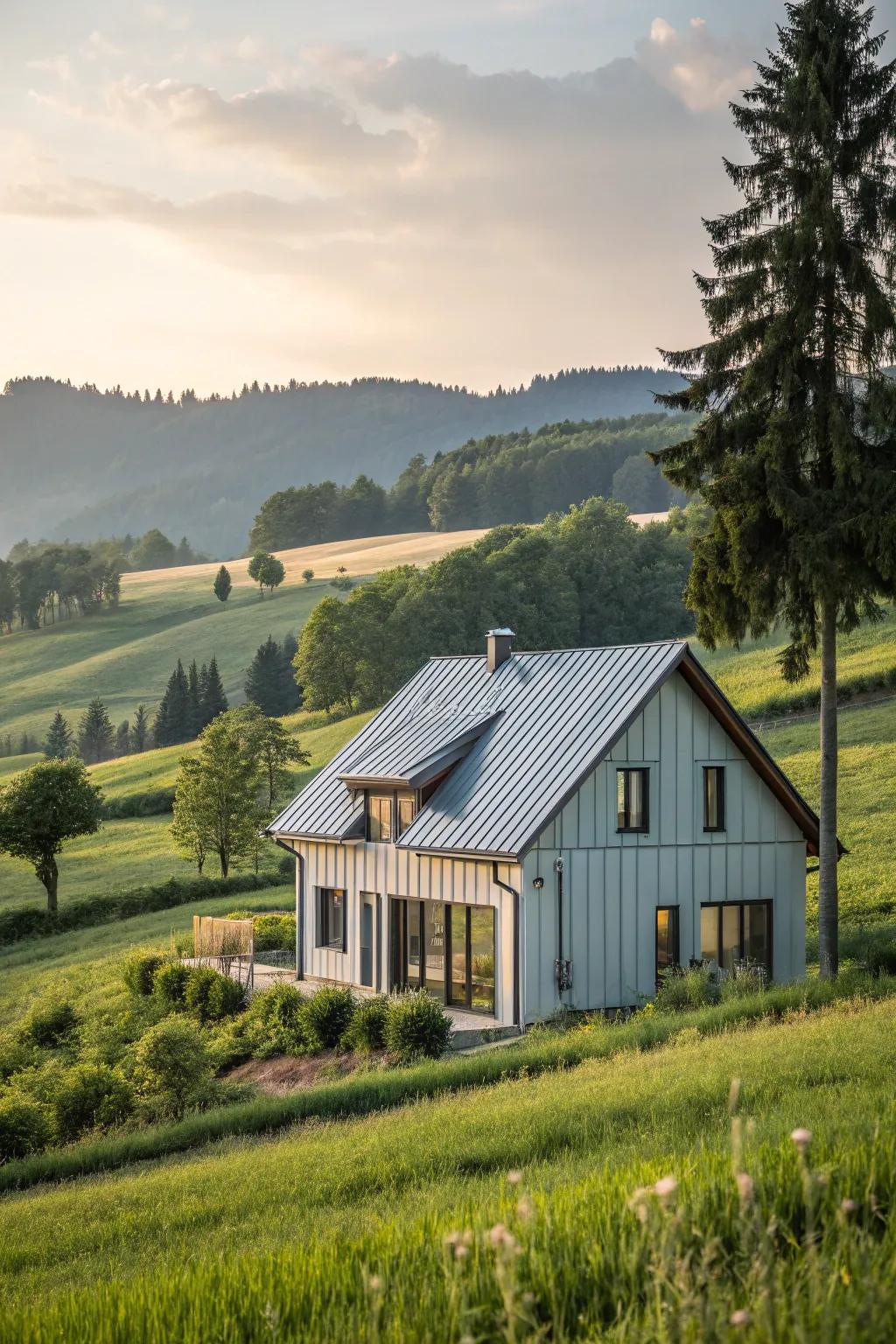 A picturesque countryside home blending cottage-style charm with modern metal cladding.
