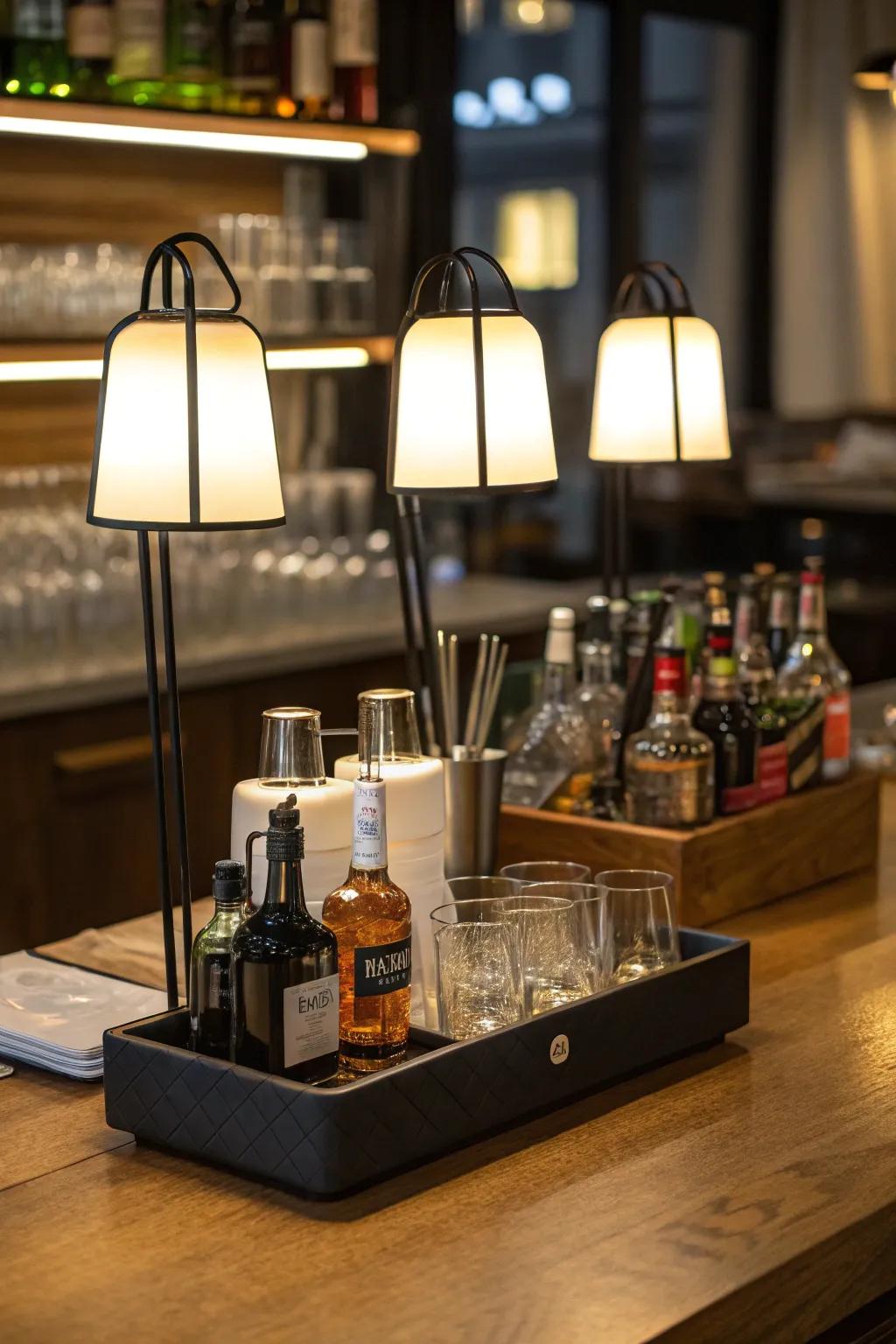 Portable lamps offer flexible lighting options for the mini bar.