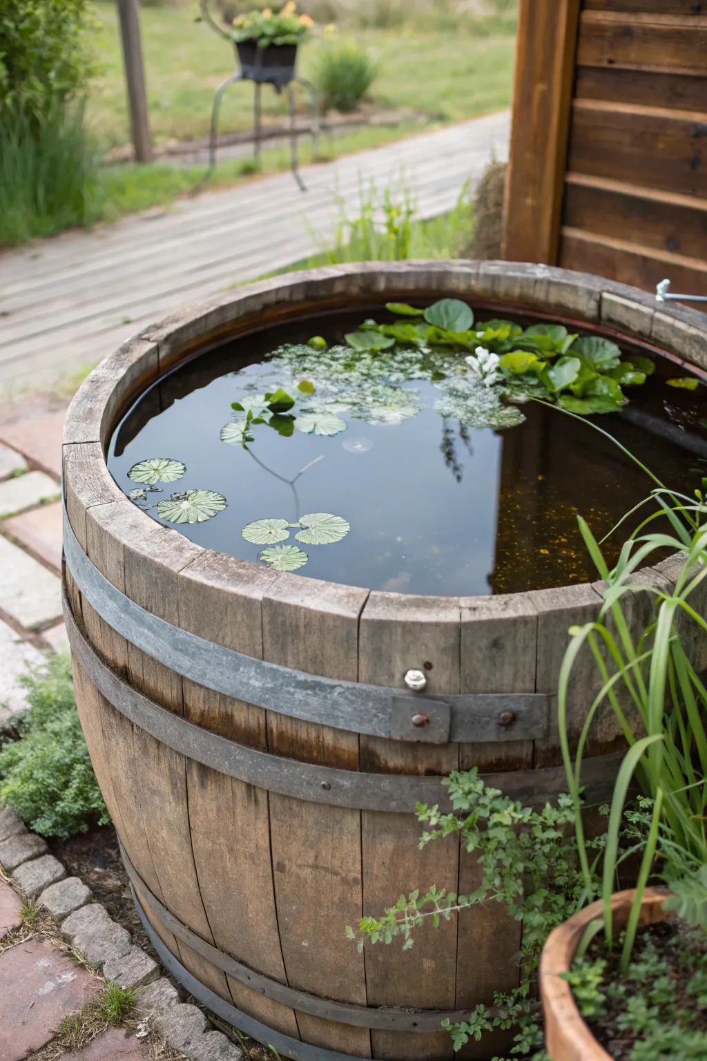 A rustic wooden barrel turned into a mini pond that can be moved.