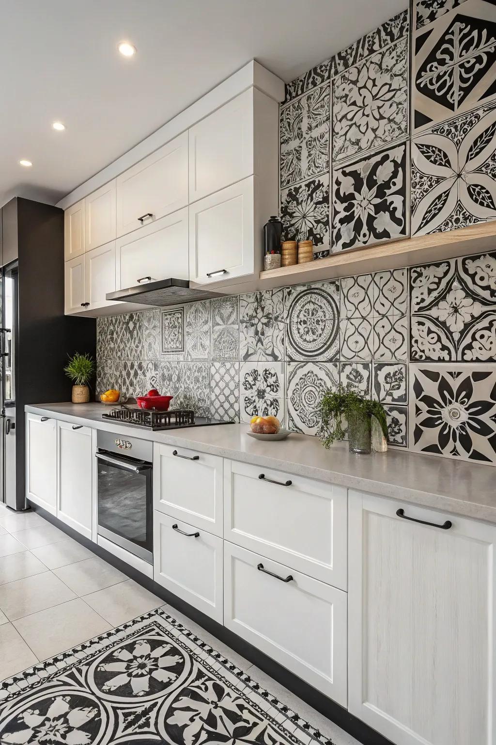 Elaborate fired tile patterns introduce refinement to the kitchen.