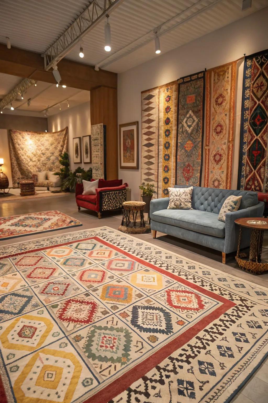A room showcases a mix of patterned carpets for a vibrant and dynamic ambiance.