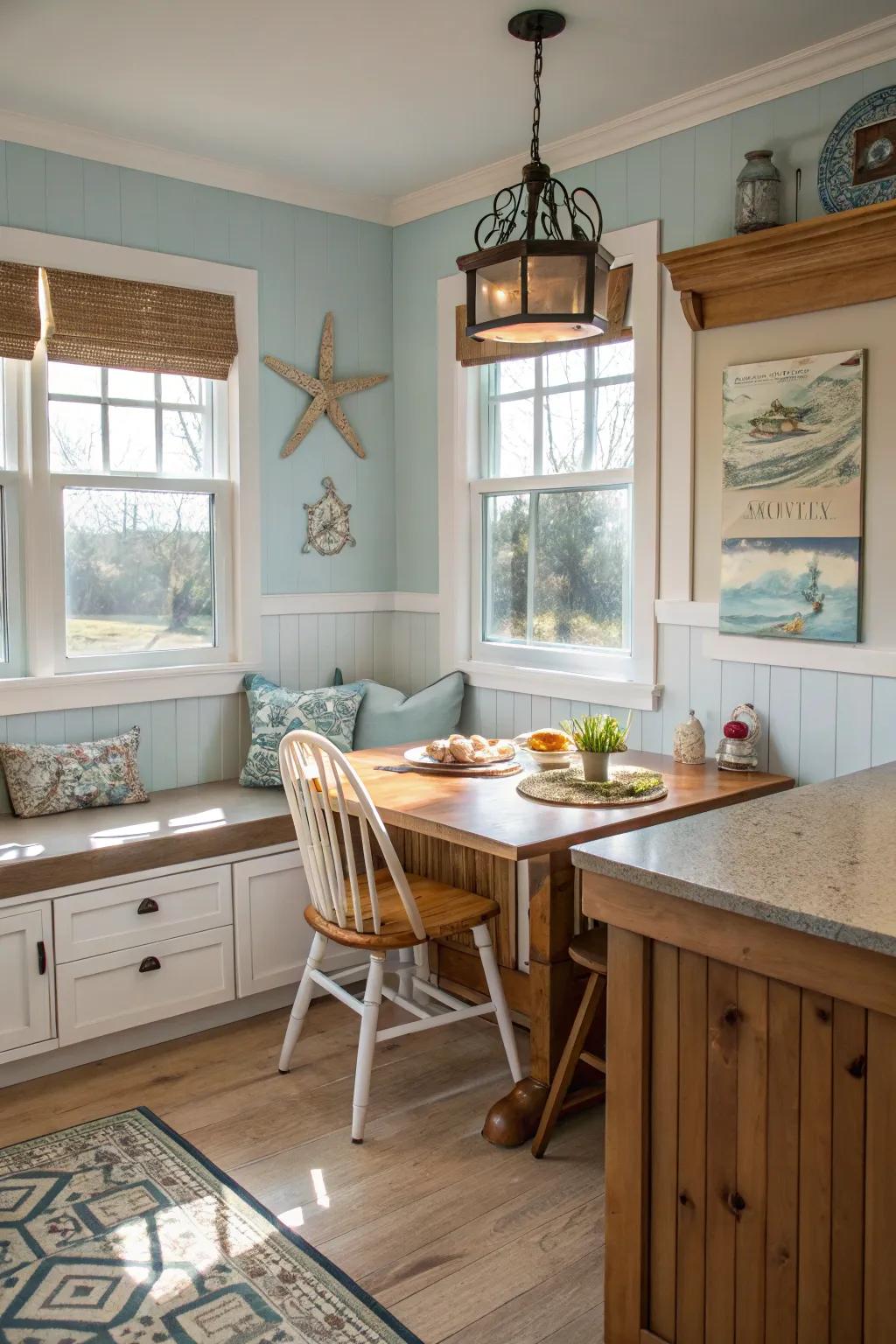 A breakfast corner adds coziness to this coastal kitchen.