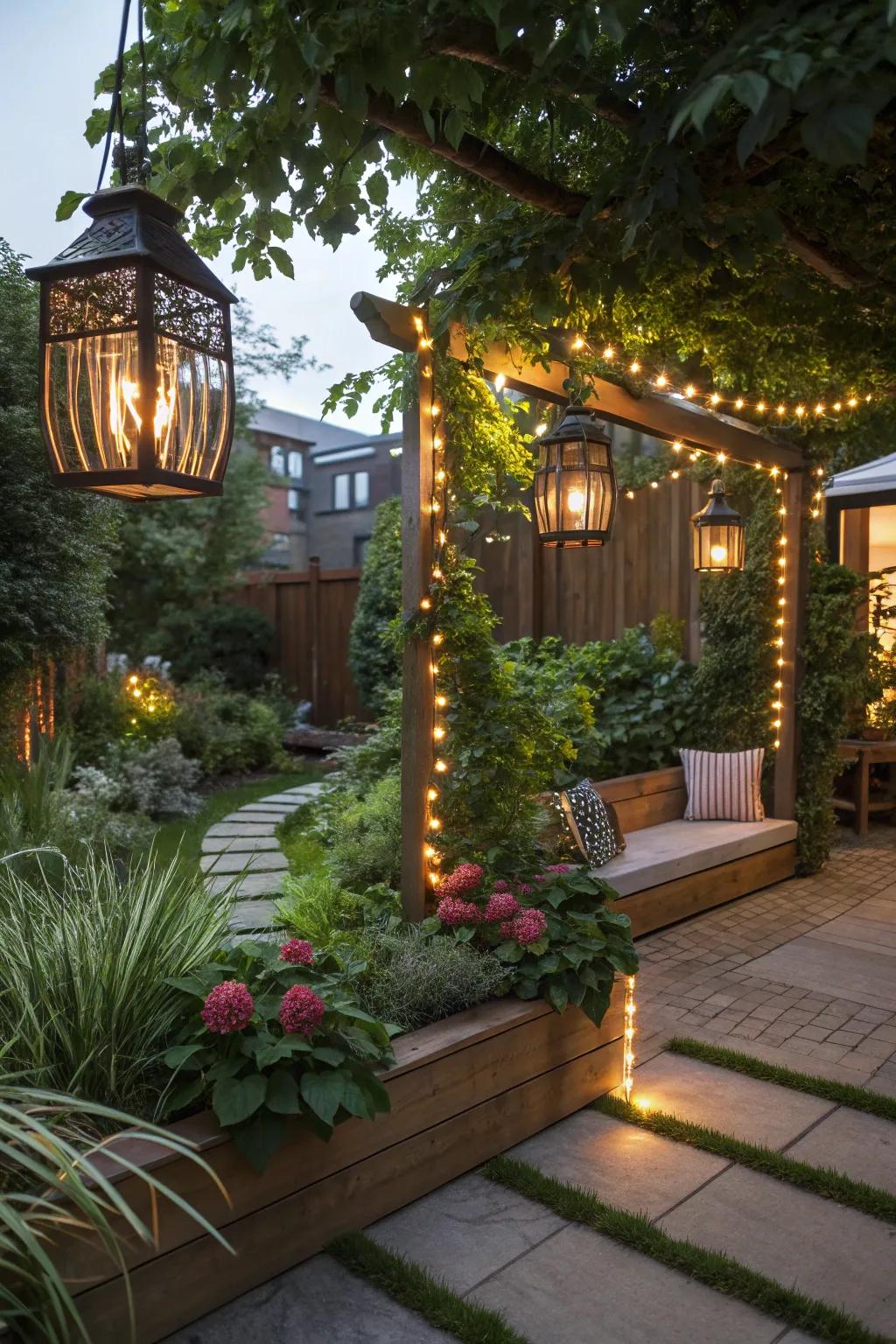 Lighting enhances the mood and functionality of garden corners.