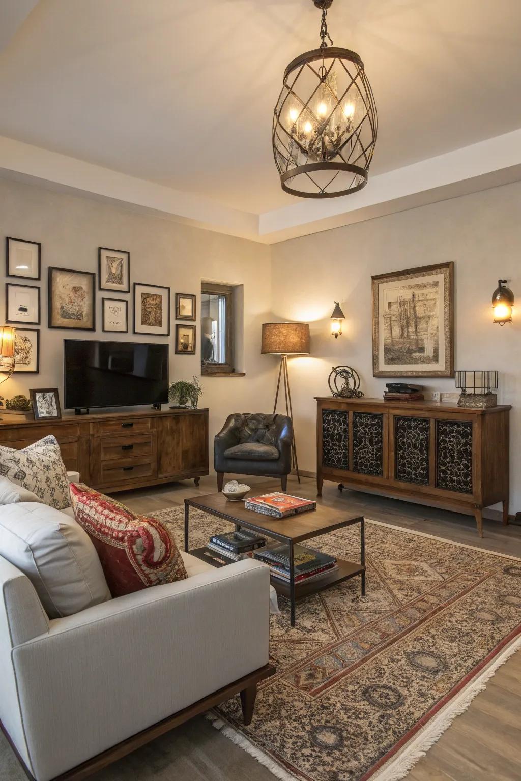 A harmonious combination of past and present details adding character to a modern family room.