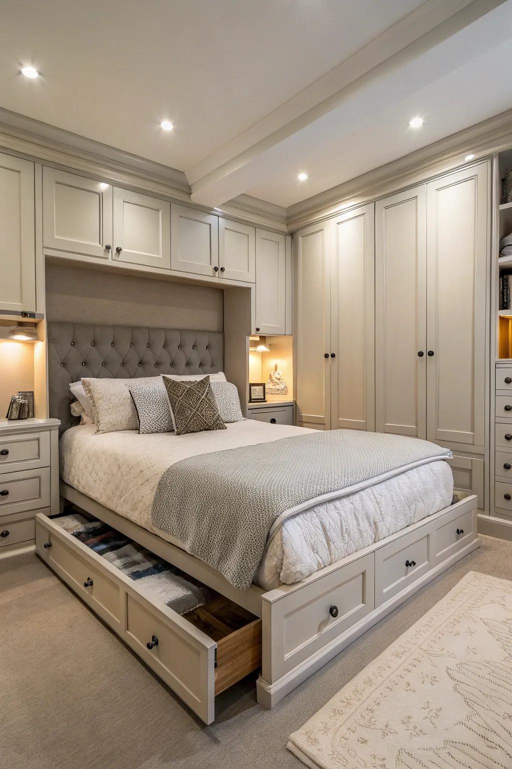 Integrated storage solutions help maintain a functional and tidy room.