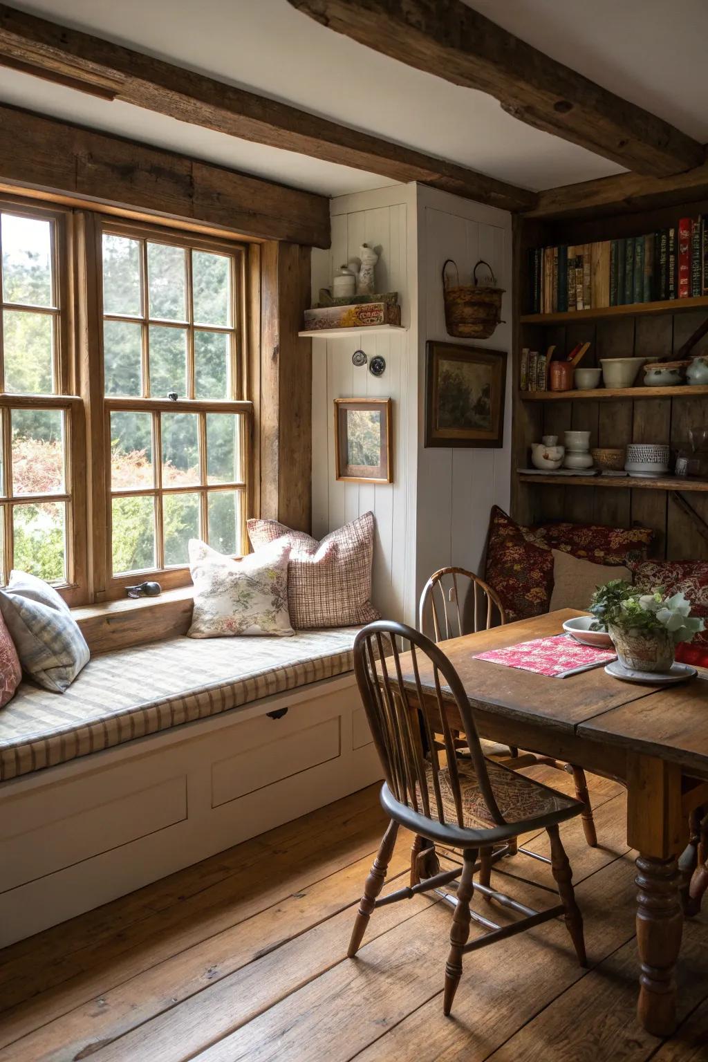 A window nook offers a cozy nook for relaxation.
