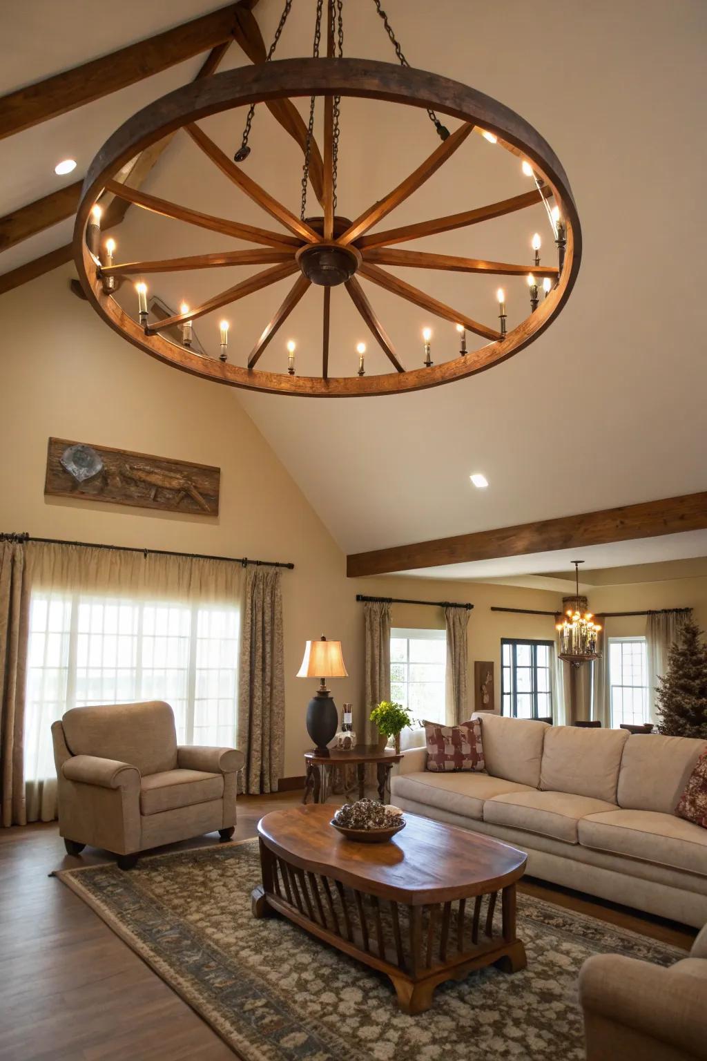 Wagon wheel chandeliers create an impactful look.