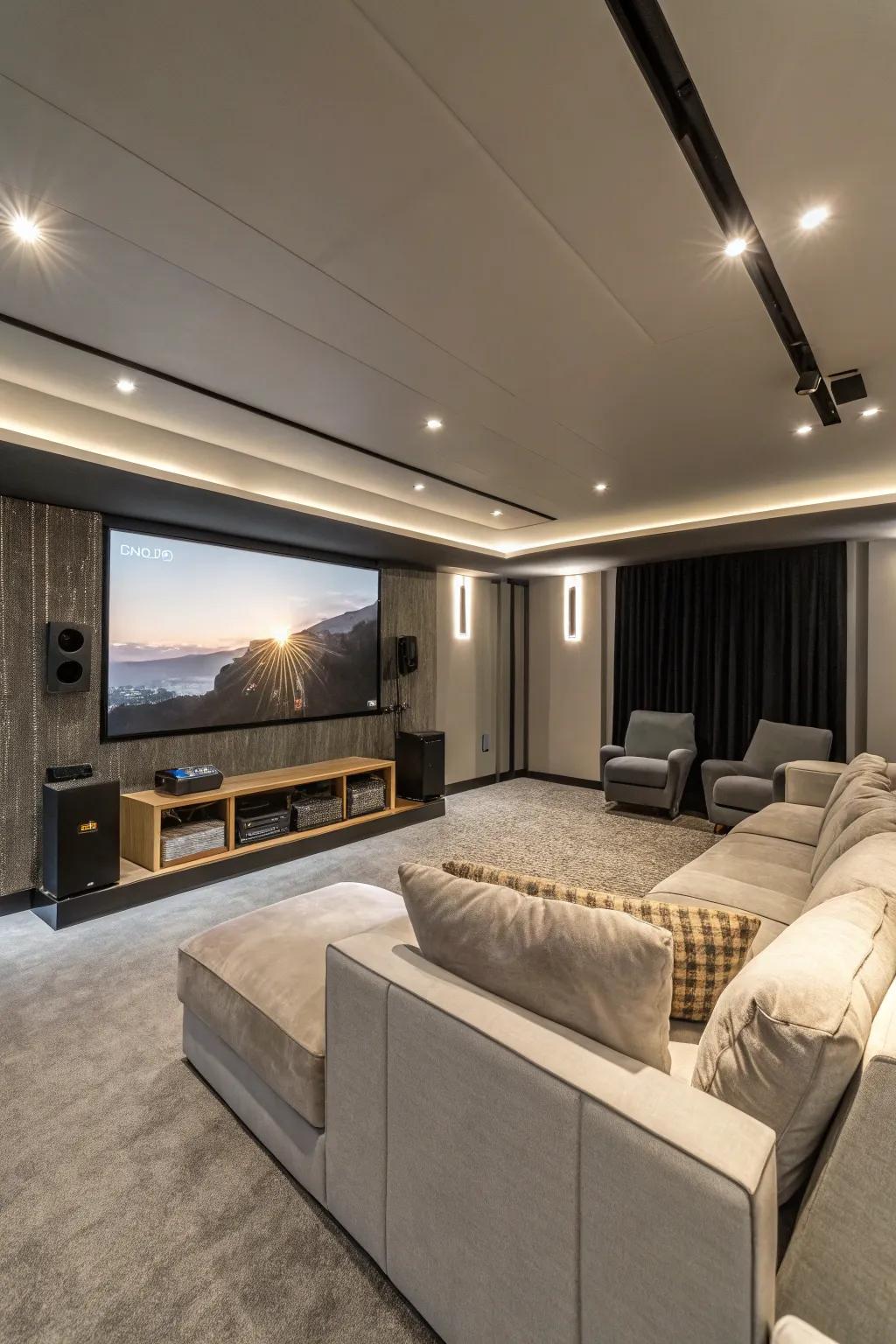 A home theater setup in a modern flex room.