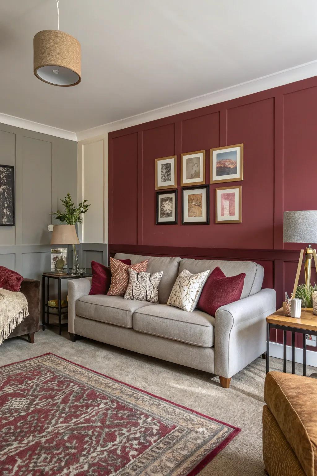 Living area featuring color-blocked walls in neutral and crimson.