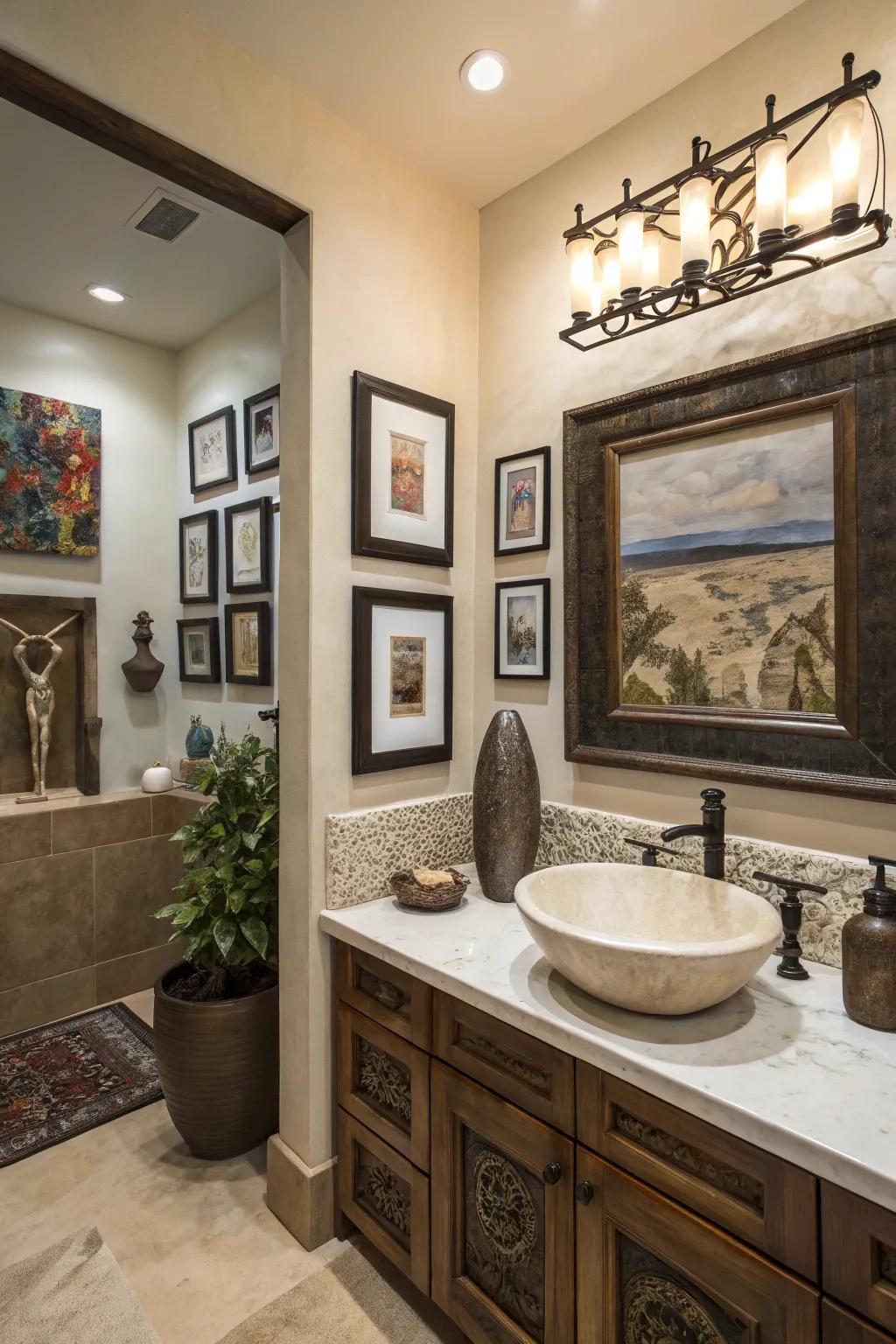 Artistic touches individualize and elevate the bathroom space.