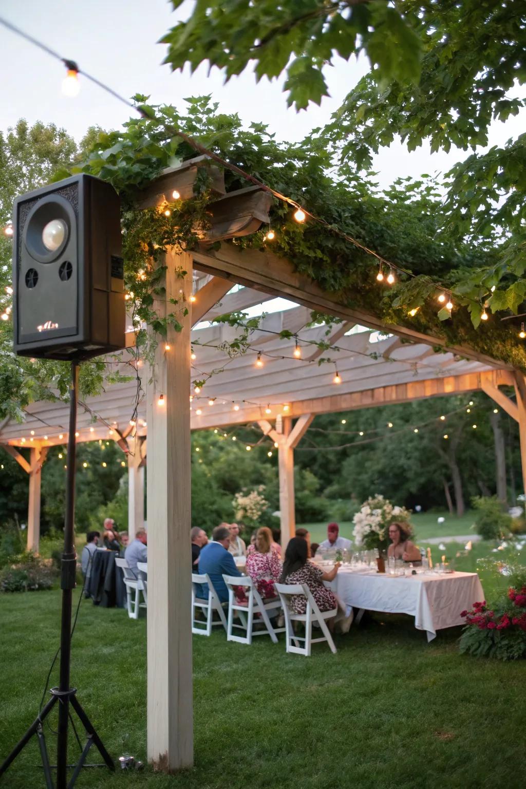 A built-in sound system turns your pergola into an entertainment hub.