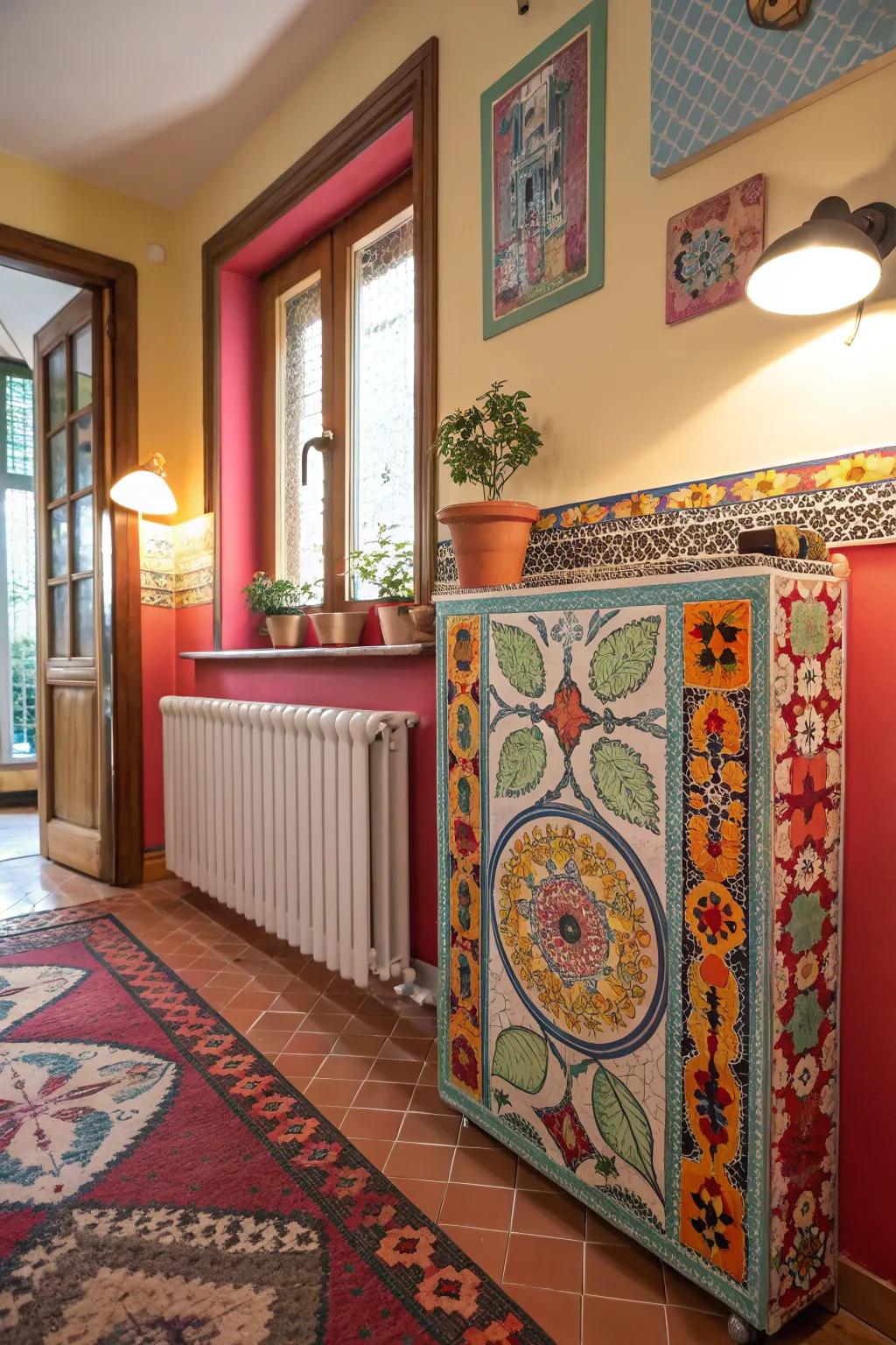 A radiator cover featuring vibrant mosaic tiles.