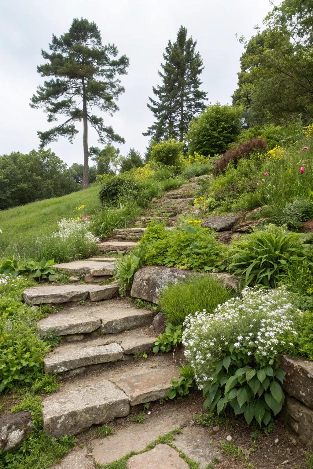 Mineral steps provide access and aesthetic appeal to raised zones.