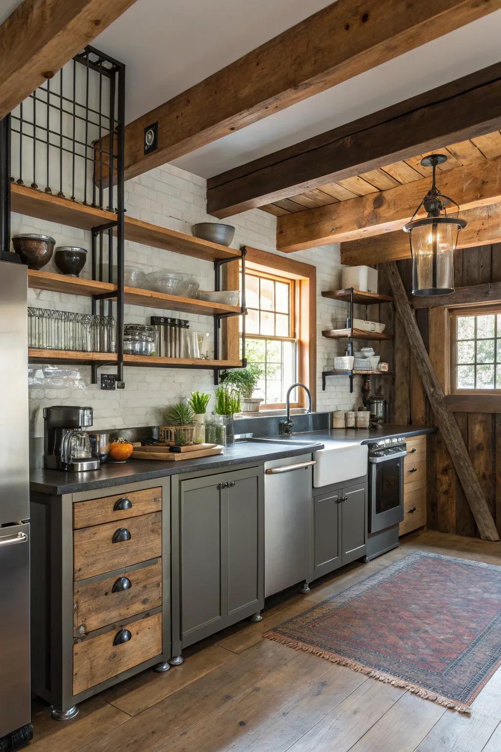 Industrial elements add a modern edge to this rustic kitchen design.