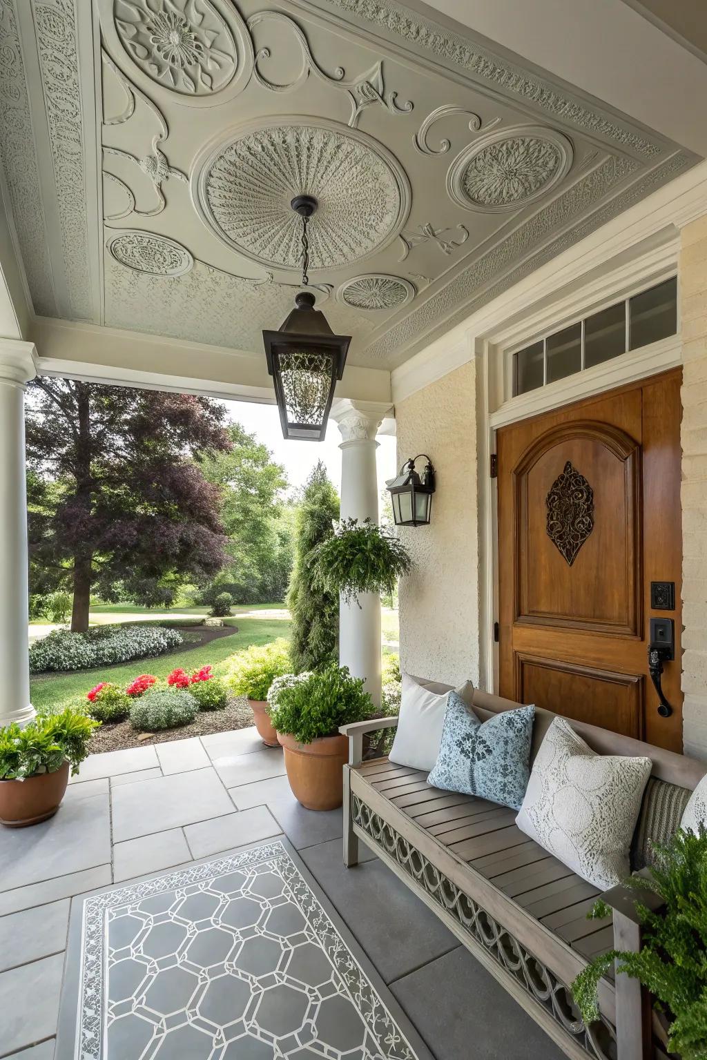 A petite front porch with a distinctive ceiling feature for amplified panache.